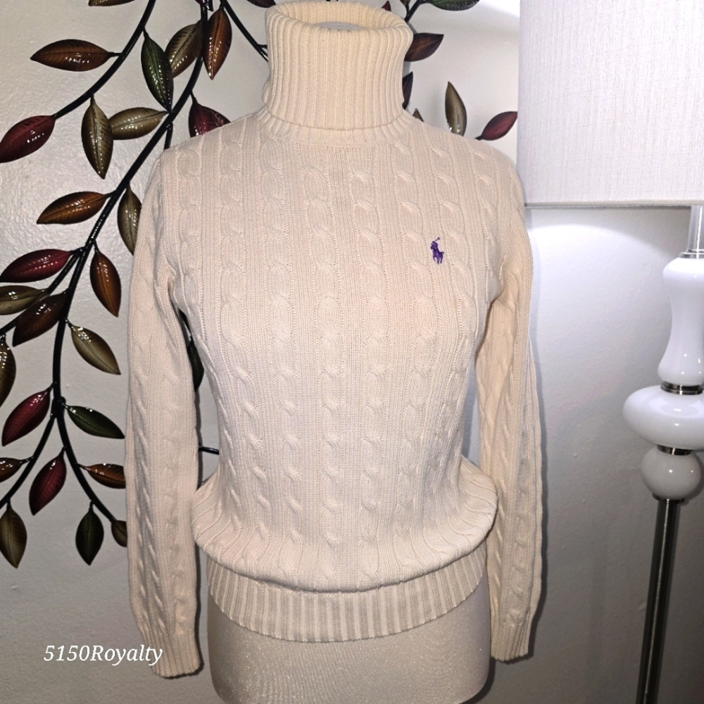 Vintage Ralph Lauren Sport Cream High Turtleneck Cable Knit Sweater Size Medium